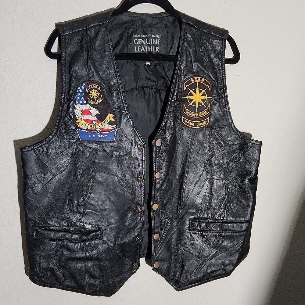Leather Patchwork Italian Stone Design Genuine Navarre Motorcycle Vest